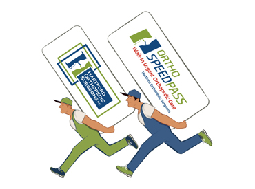 Clip art moving men carrying Ortho Speed Pass logo